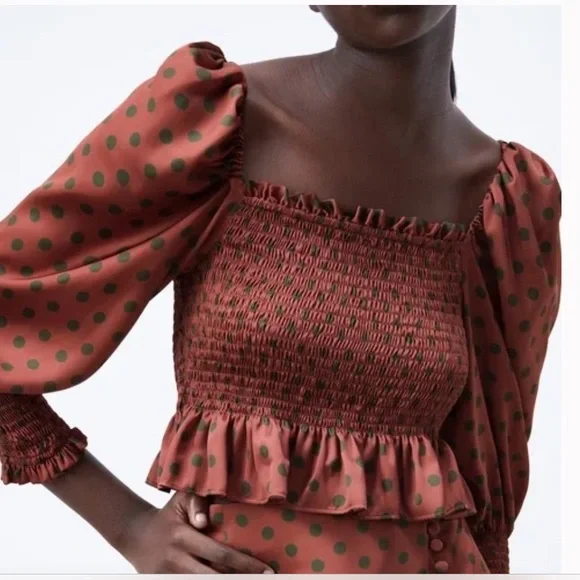 NWT Zara Satin Burgundy Red & Green Polka Dot Smocked Puff Sleeve Top in size M - Picture 1 of 10